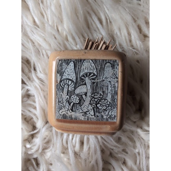 Vintage Mini Square Tan Mushroom Applique Toothpick Holder, Japan Enesco - Picture 1 of 8